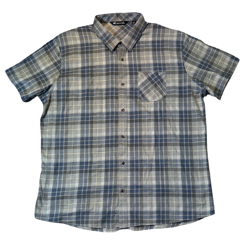 Travis Mathew mens 3XL XXXL gray blue plaid short sleeve button up shirt EUC